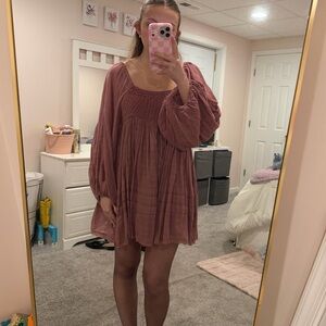 Free People Mauve Smocked Square-Neck Mini Dress